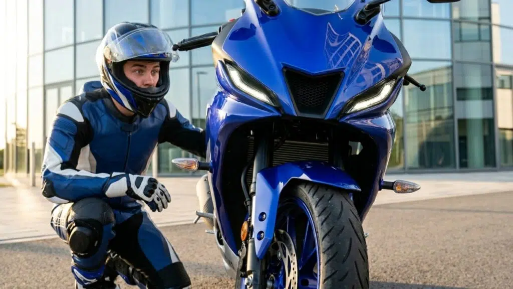 Motocicleta com carenagem aerodinâmica e suspensão invertida inspirada em modelos de competição mundial