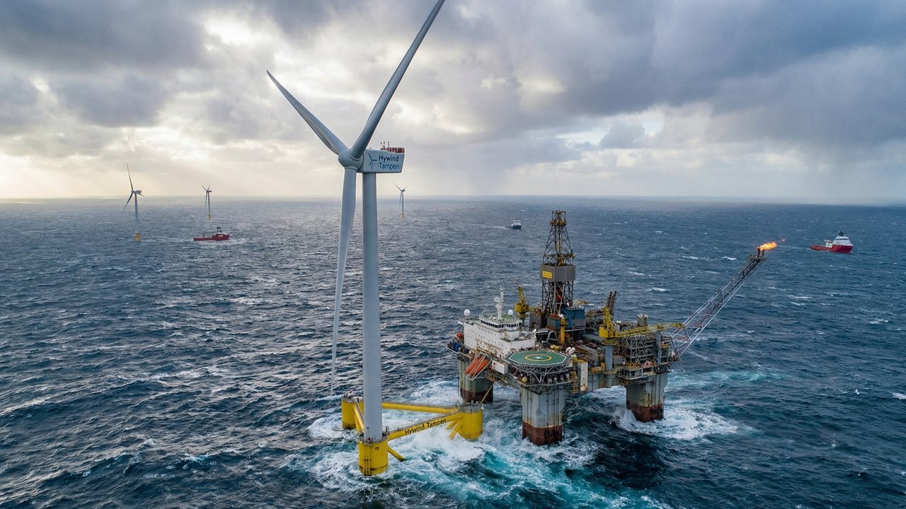 A monumental torre eólica flutuante instalada no mar revolto que fornece energia limpa direto para petroleiras