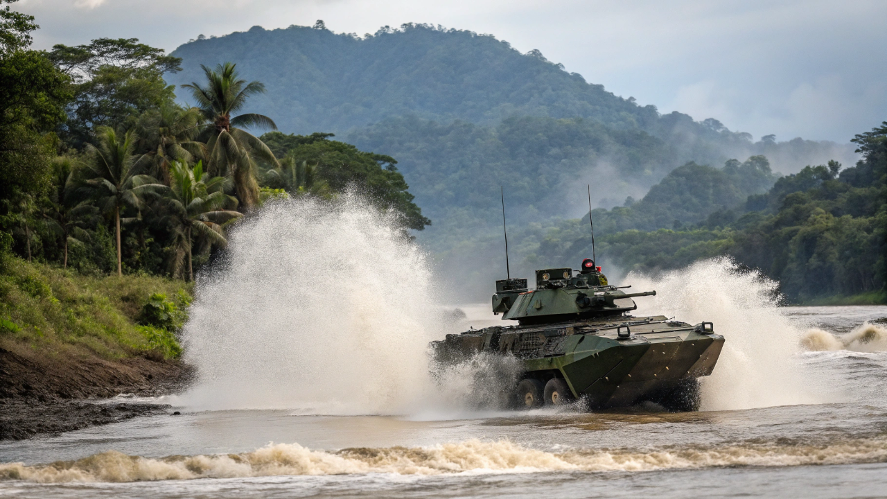 O blindado anfíbio de 8 rodas e 22 toneladas transporta 12 soldados com segurança e atravessa rios inteiros sem precisar de pontes