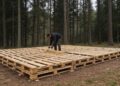Homem sozinho, no meio de uma densa floresta, constrói uma cabana resistente usando pallets