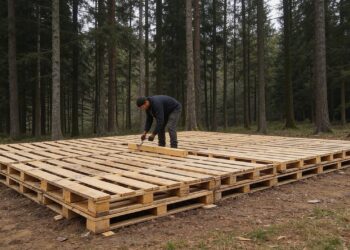 Homem sozinho, no meio de uma densa floresta, constrói uma cabana resistente usando pallets