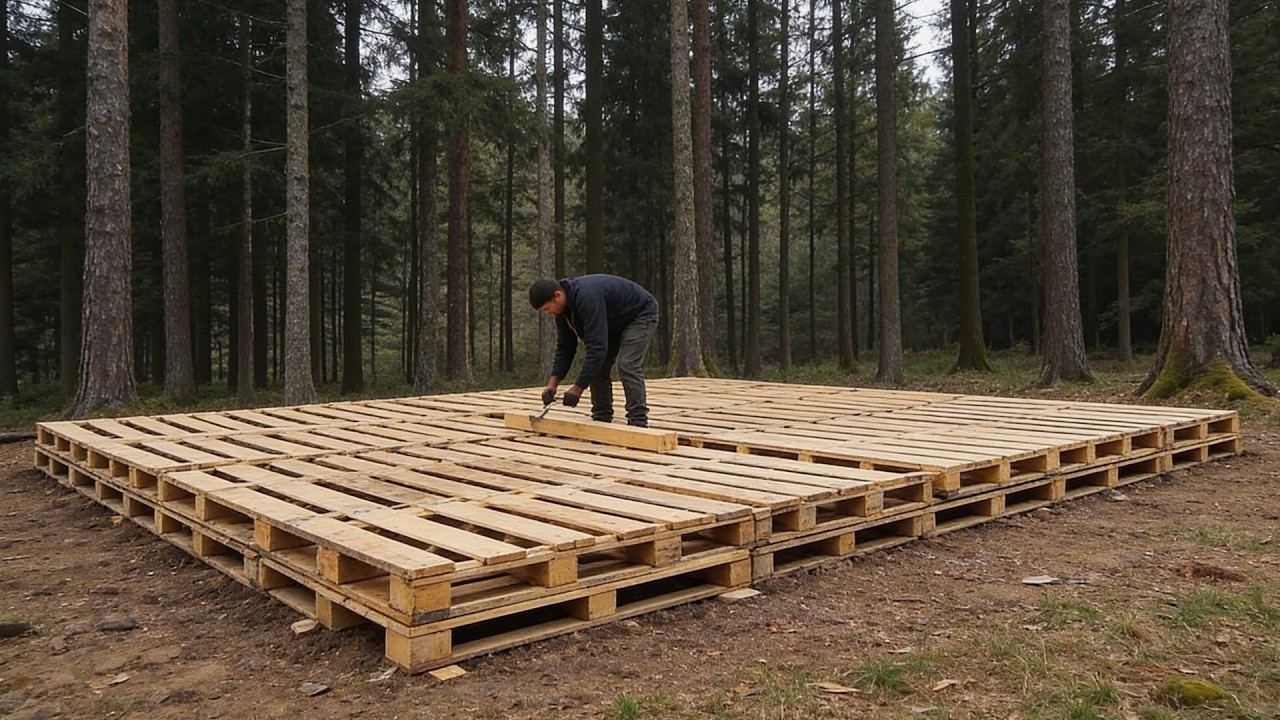 Homem sozinho, no meio de uma densa floresta, constrói uma cabana resistente usando pallets