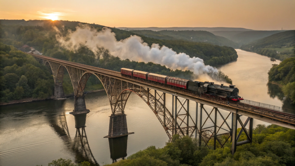 O histórico trem de 1920 que percorre 25 quilômetros de pura natureza e cruza uma monumental ponte metálica de 400 metros de extensão exatamente sobre as águas do imponente rio Uruguai no sul do país