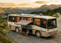 O ônibus convertido em motorhome transforma 12 metros de carroceria em quarto, cozinha, banheiro e estrada