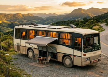 O ônibus convertido em motorhome transforma 12 metros de carroceria em quarto, cozinha, banheiro e estrada
