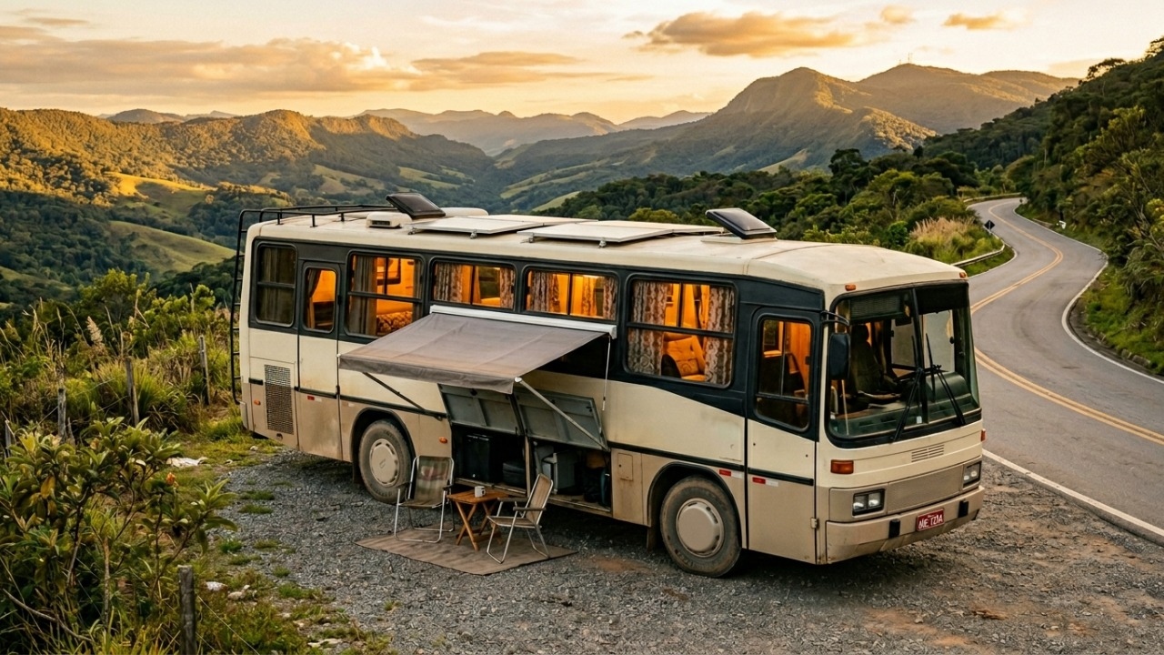 O ônibus convertido em motorhome transforma 12 metros de carroceria em quarto, cozinha, banheiro e estrada
