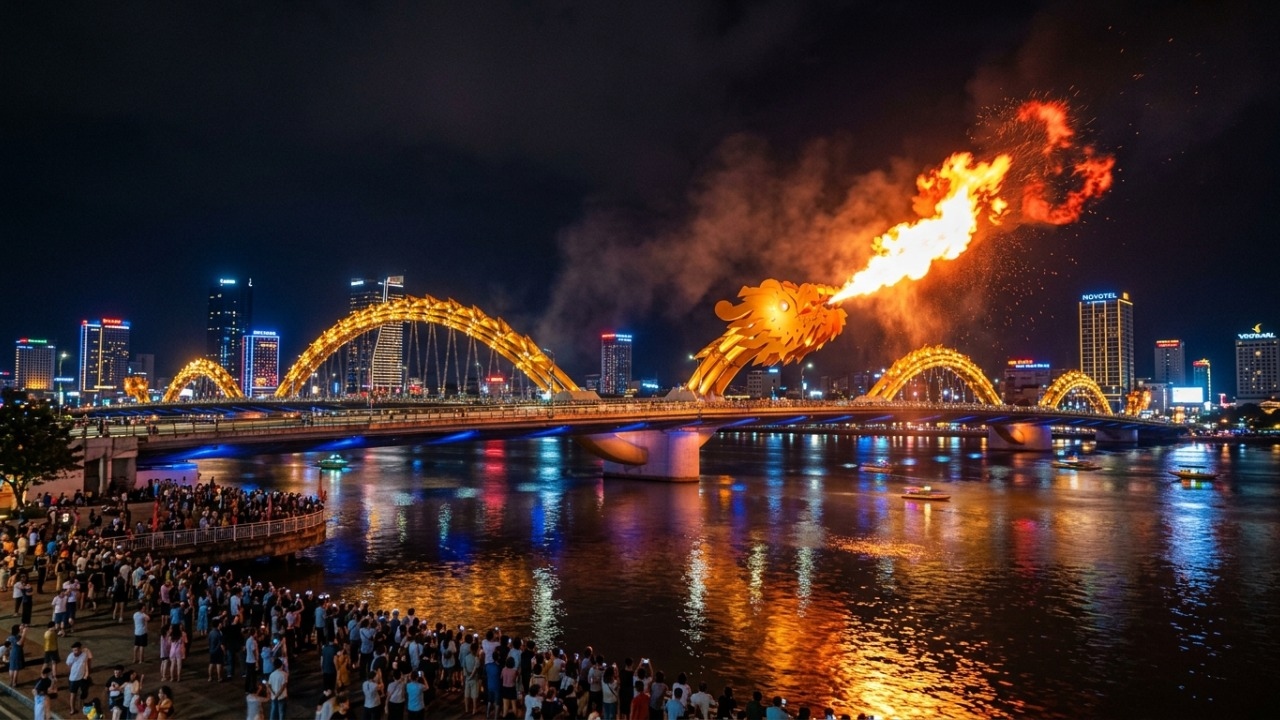 A monumental estrutura de 666 metros de extensão em formato de dragão de aço que solta fogo e água para atrair milhares de turistas no Vietnã