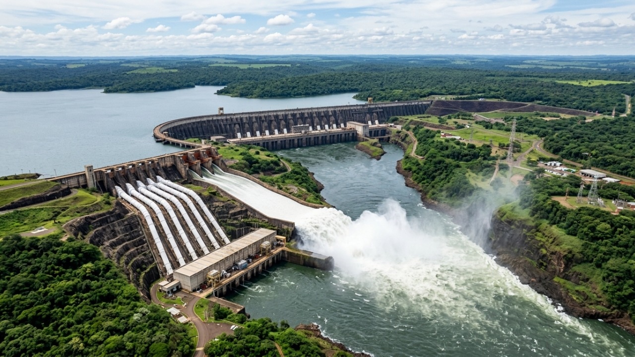 A colossal barragem de 7,9 km de extensão equipada com 20 geradores que produz energia para abastecer milhões de lares no Brasil e no Paraguai