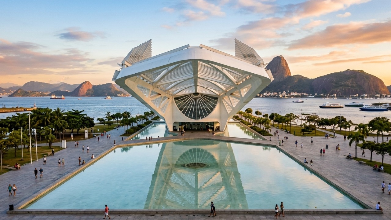 Desenhada com teto móvel de painéis solares e inaugurada em 2015, a obra de 15.000 m² destaca-se como o maior ícone da ciência e design no Rio
