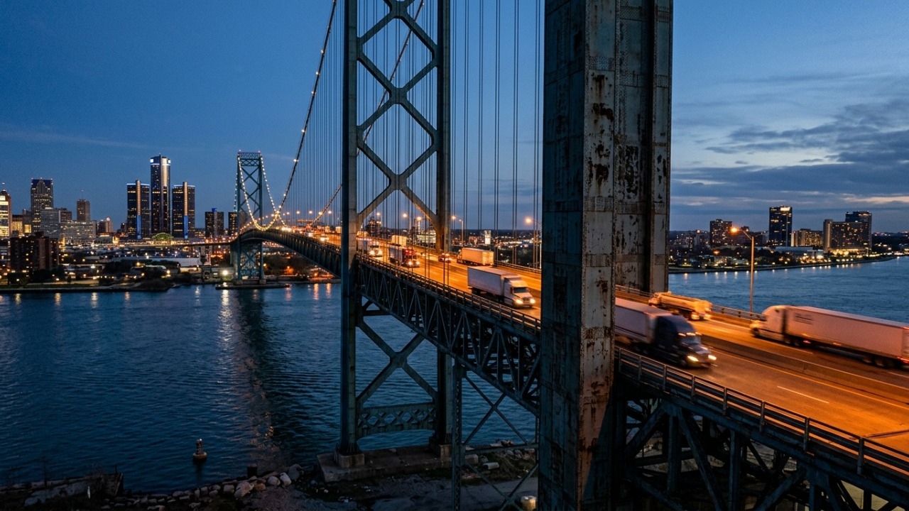 A histórica estrutura pênsil inaugurada em 1929 com vão livre de 560 metros que serve como a maior fronteira comercial entre os EUA e o Canadá