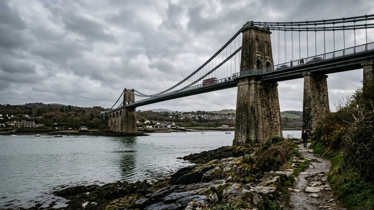 A pioneira ponte pênsil de ferro inaugurada em 1826 com vão livre de 176 metros que se consagrou como a primeira grande travessia suspensa moderna