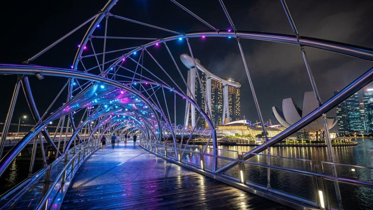 A futurista passarela de pedestres de 280 metros de extensão que imita a espiral do DNA humano com tubos de aço inoxidável em Singapura