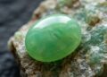 Esqueça o jade e a esmeralda, pois esta variedade de calcedônia de dureza 7 brilha com um tom verde-maçã gerado pelo níquel da rocha