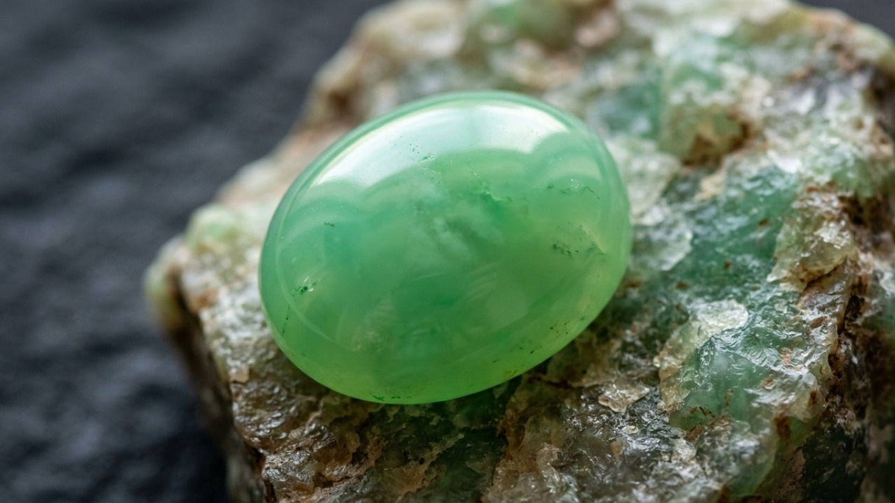 Esqueça o jade e a esmeralda, pois esta variedade de calcedônia de dureza 7 brilha com um tom verde-maçã gerado pelo níquel da rocha