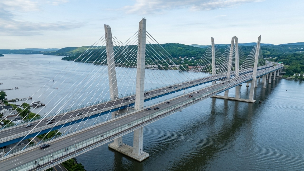 A moderna travessia estaiada de 4,8 km de extensão com mastros inclinados que cruza o rio Hudson para conectar dois condados de Nova York em 2017