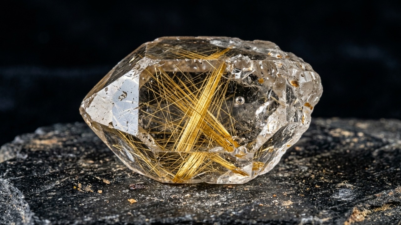 Esqueça o cristal liso, pois este quartzo com agulhas de rutilo de refração 2,62 brilha com filamentos dourados dentro da rocha