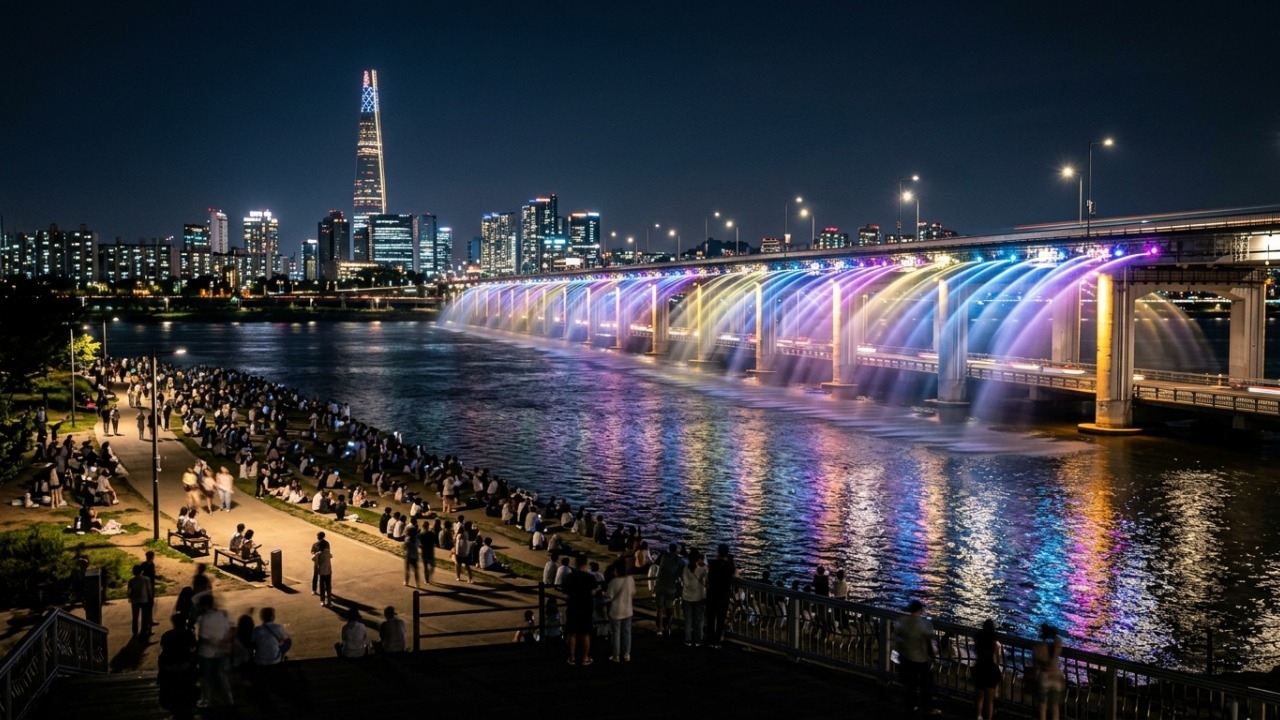 A monumental estrutura de 1.140 metros de extensão que utiliza 10 mil bicos de LED para criar a maior fonte de água em pontes do planeta