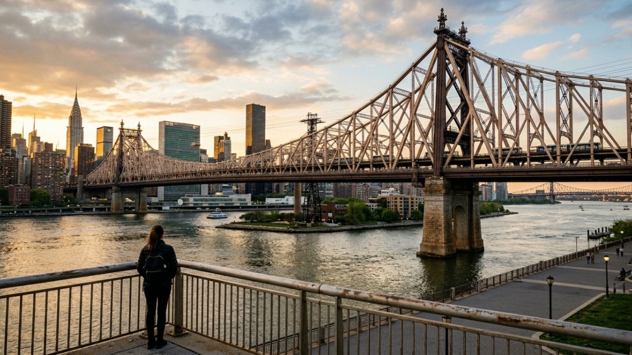 A imponente estrutura metálica de dois níveis inaugurada em 1909 com 1.135 metros de extensão que conecta Manhattan ao distrito do Queens nos EUA