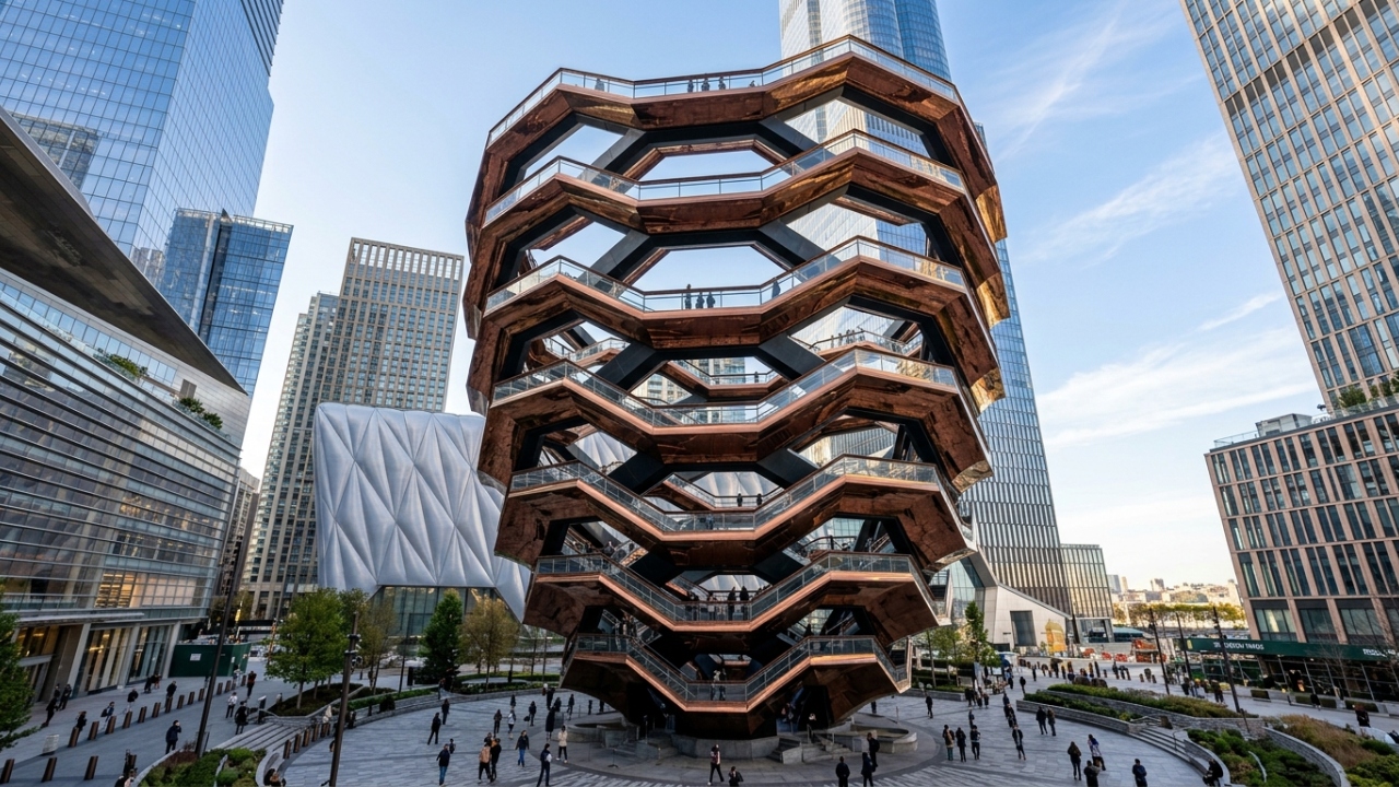 Com 45 metros de altura e 154 lances de escadas, a estrutura Vessel em Nova York é um marco global de design geométrico interativo