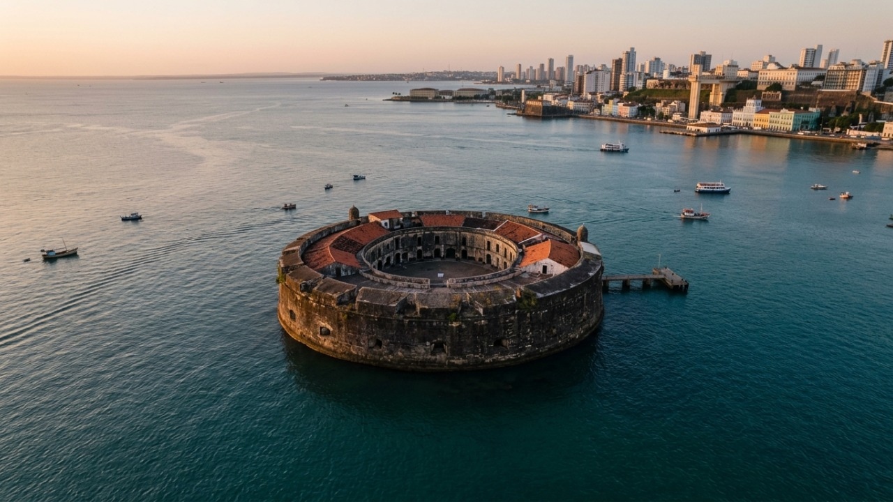 A singular fortaleza circular de origem em 1650 erguida sobre recifes de corais a 250 metros da costa da histórica Baía de Todos-os-Santos