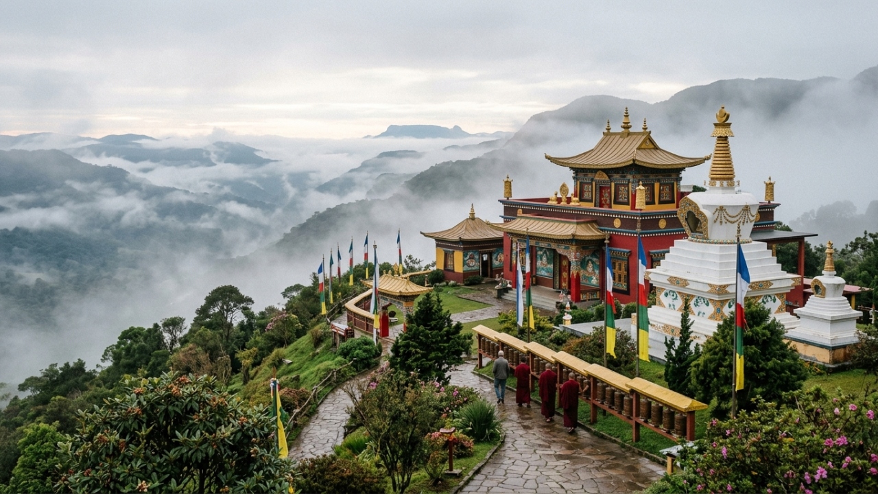 Situado no topo de uma montanha, o templo budista de Três Coroas é o primeiro templo tradicional tibetano da América Latina e marco da arquitetura sacra