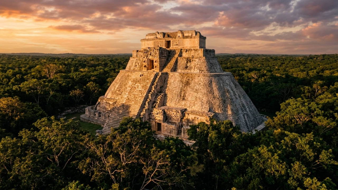 Com 35 metros de altura e base ovalada, a Pirâmide do Adivinho em Uxmal é o principal expoente do estilo arquitetônico Puuc no México