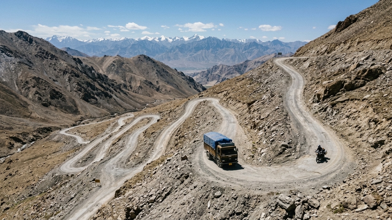 Subindo através de 21 curvas fechadas em zigue-zague, a rota Gata Loops na Índia surge como um dos trechos mais vertiginosos da rodovia Manali-Leh