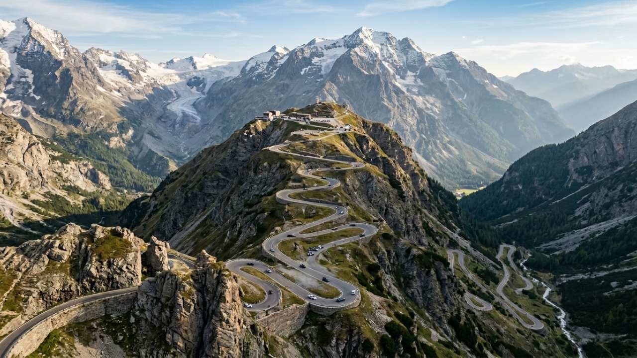 A passagem alpina italiana atinge 2.757 metros de altitude; com suas 48 curvas em zigue-zague, é o teste máximo para qualquer piloto
