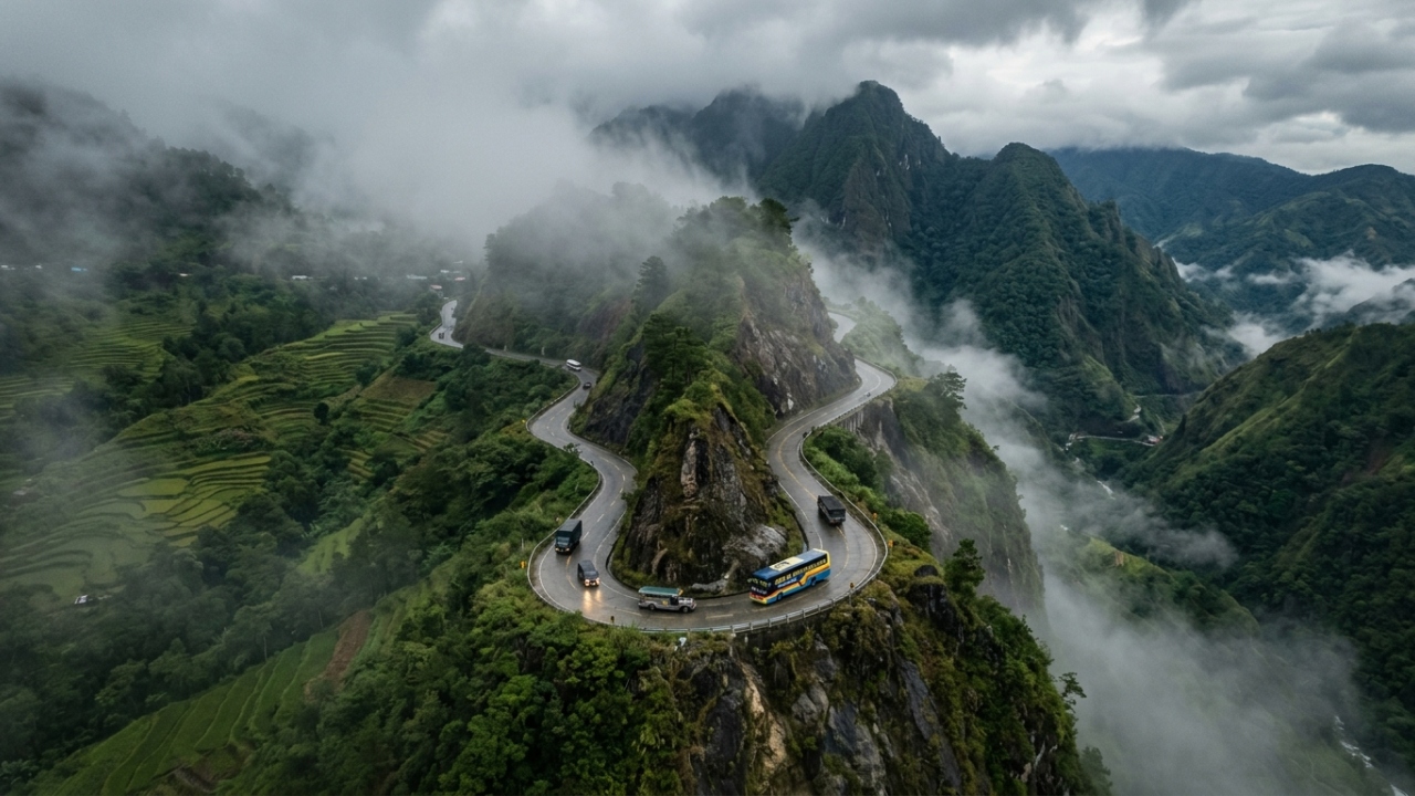 Com 2.255 metros de altitude, a rodovia nas Filipinas corta precipícios e neblina sendo a segunda rota mais alta e arriscada do país