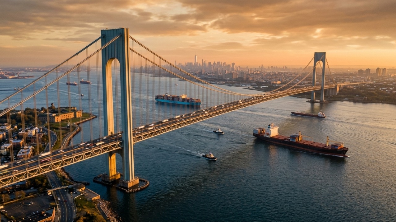 A gigantesca ponte suspensa com vão central de 1.298 metros que une o Brooklyn a Staten Island desde 1964 enfrentando ventos oceânicos