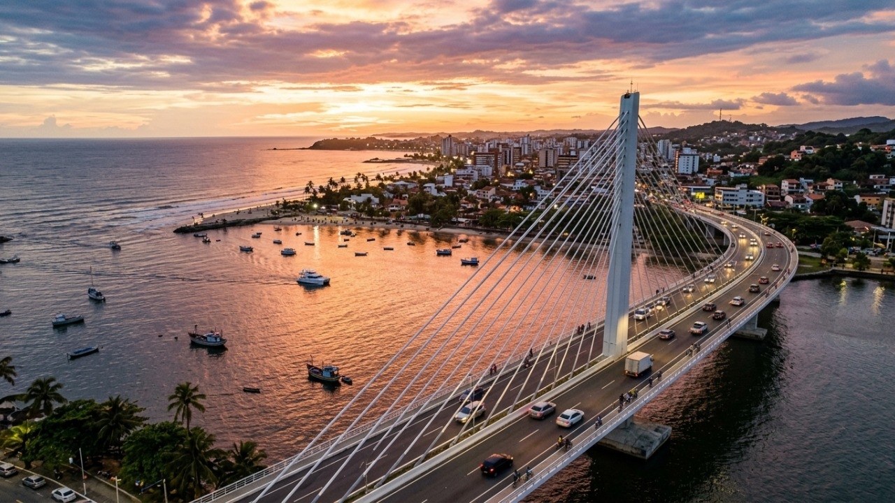 A elegante estrutura estaiada de 533 metros que se tornou a primeira do tipo na Bahia, integrando a paisagem litorânea e o turismo da região