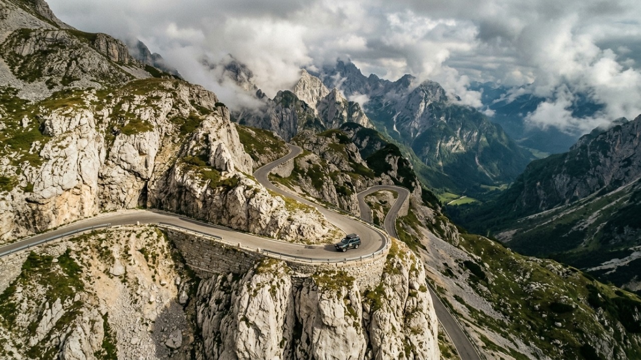 A estrada mais alta da Eslovênia alcança 2.055 metros de altitude; o trajeto íngreme cruza paredões rochosos e oferece vistas épicas dos Alpes Julianos