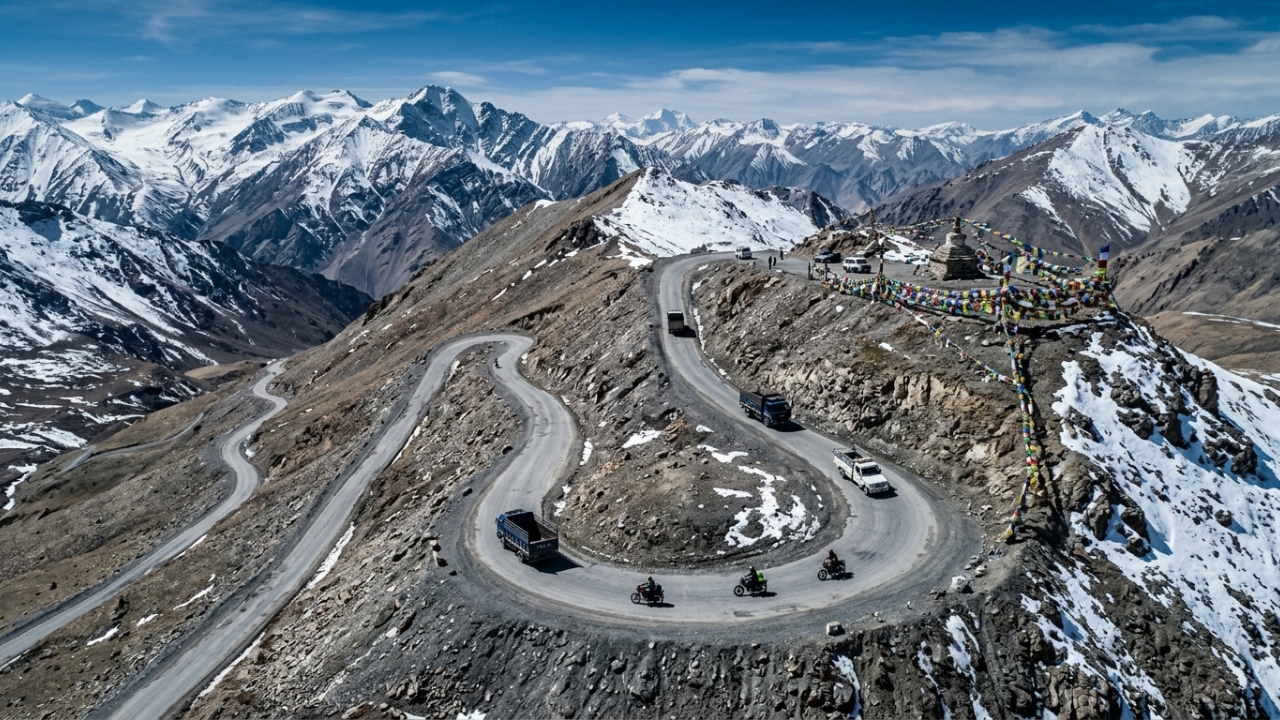A rodovia indiana atinge 5.328 metros de altitude; com suas curvas fechadas, o Taglang La é uma das passagens motorizáveis mais altas da região do Ladakh