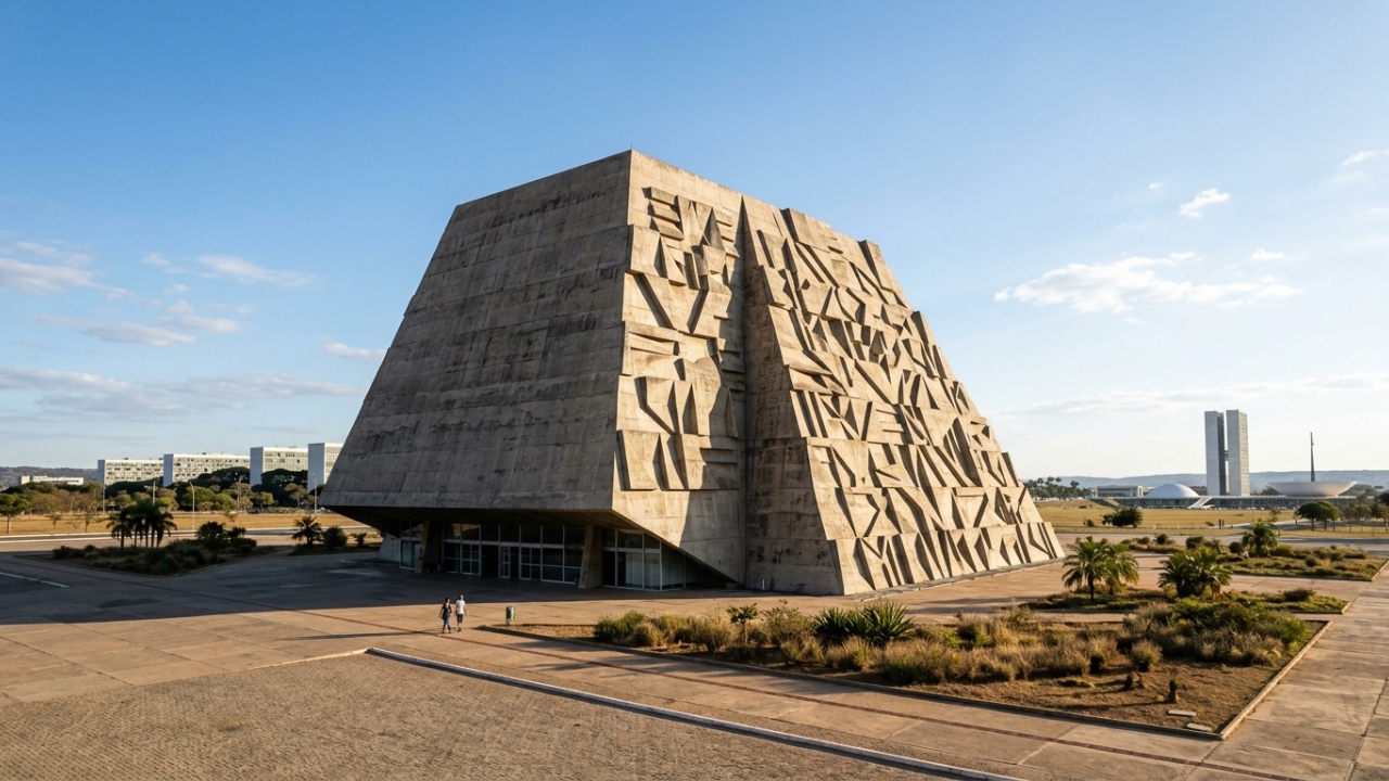 Projetado em formato de pirâmide por Oscar Niemeyer, o Teatro Nacional em Brasília exibe fachadas de cubos escultóricos que definem o horizonte