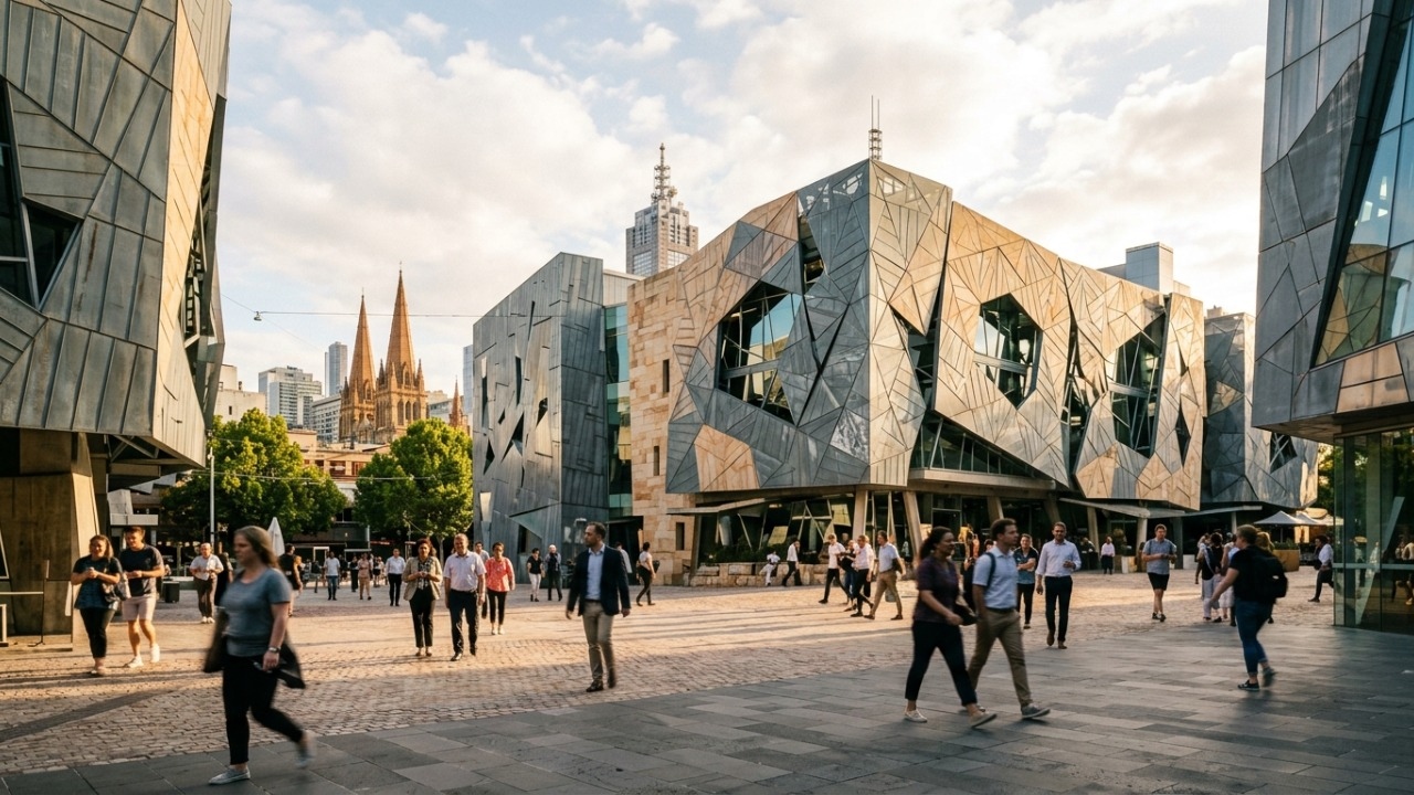 Ocupando 3,2 hectares com fachadas geométricas, a praça australiana se tornou o ponto de encontro cultural mais visitado de Melbourne