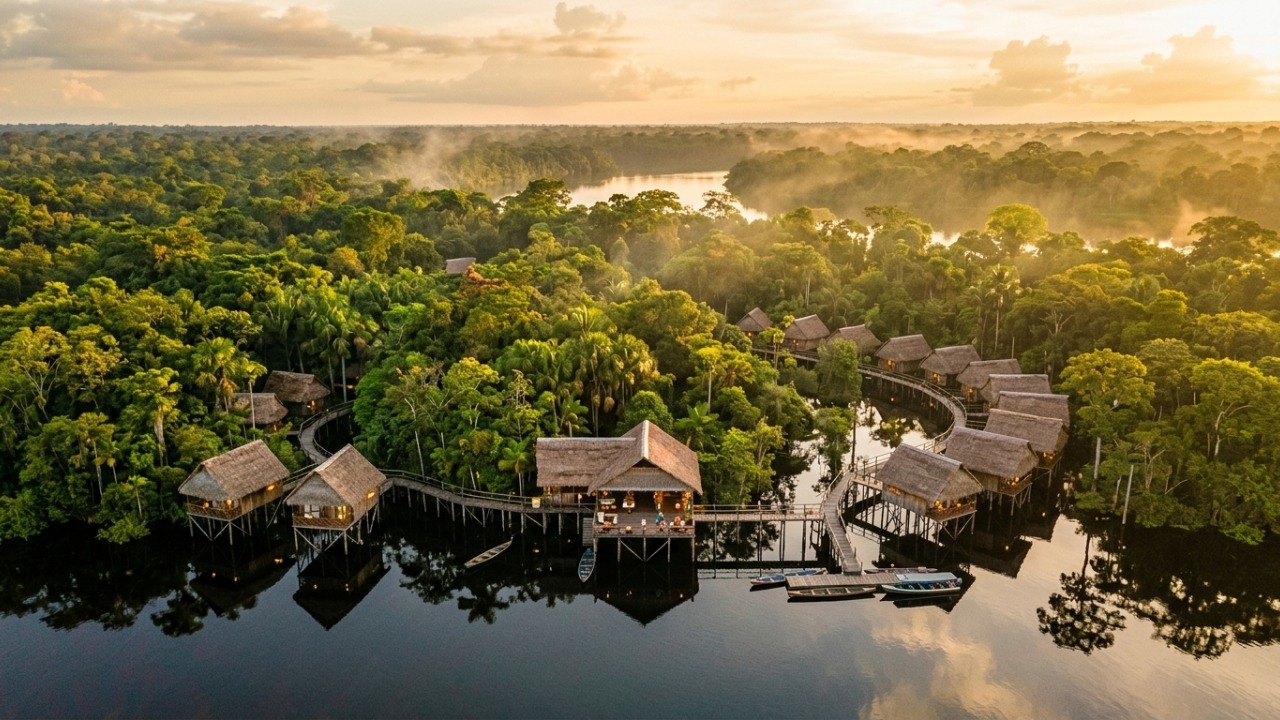 Com 20 bangalôs sobre palafitas acima do Rio Juma, o lodge sustentável virou o maior símbolo de turismo de conservação na selva amazônica
