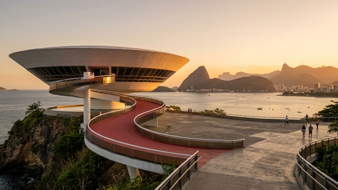 Com seu formato de cálice de 16 metros e vista para a Baía de Guanabara, o MAC de Niterói virou o maior símbolo modernista de Niemeyer
