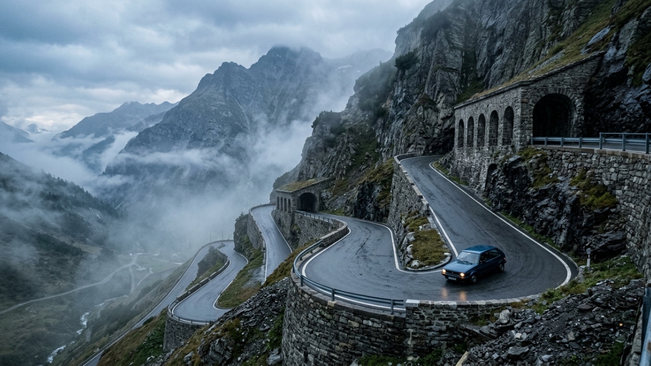 Conectando a Suíça à Itália a 2.113 metros de altitude, esta estrada sinuosa preserva séculos de história em trechos íngremes
