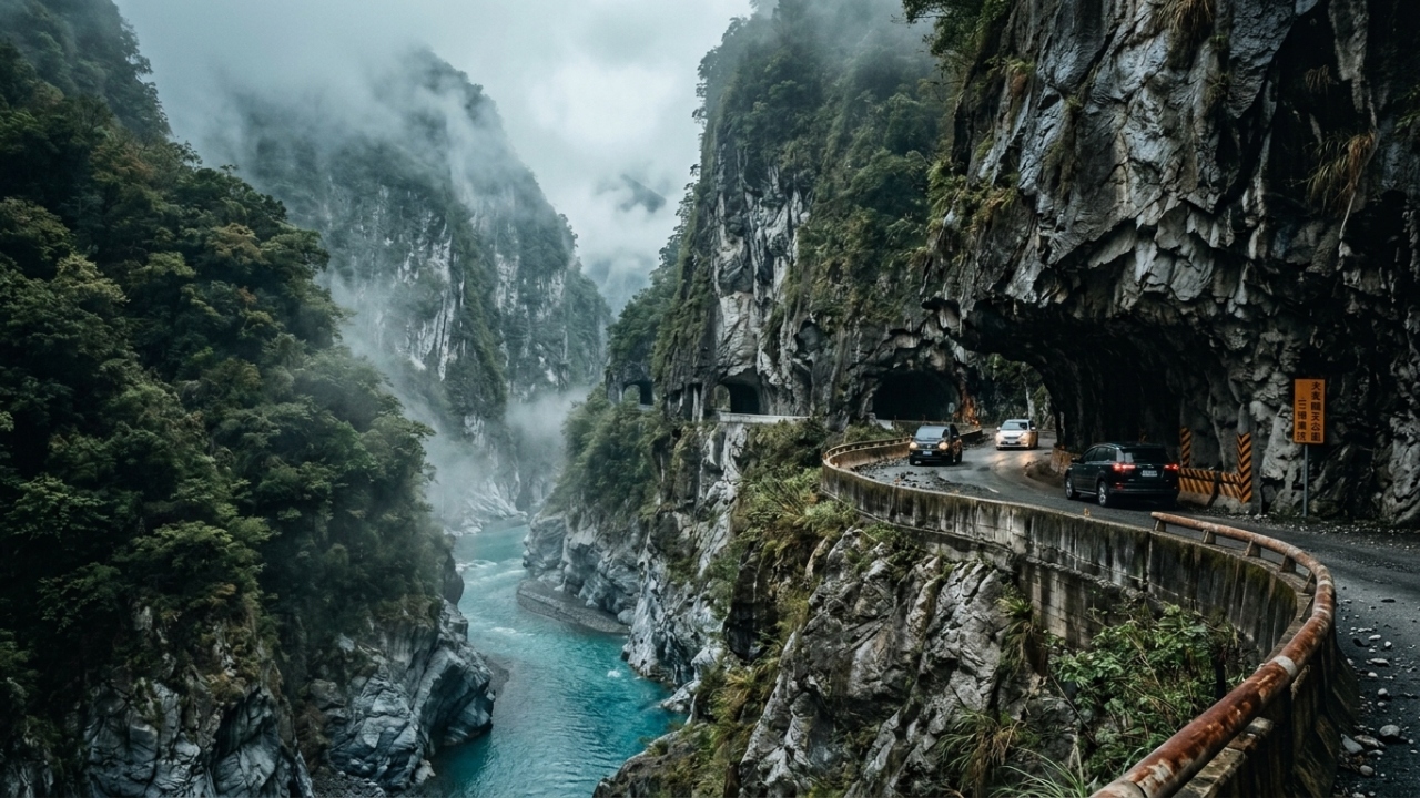 Esculpida em 19 km de mármore sólido, a estrada em Taiwan atravessa túneis cegos e abismos dramáticos na encosta das montanhas