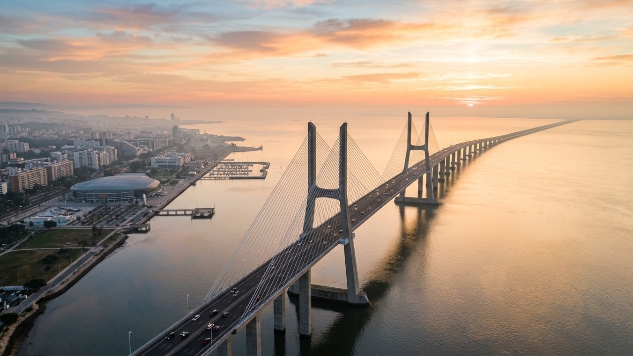 A estrutura estende-se por 17,2 km sobre o rio Tejo e posiciona-se como a ponte mais longa de toda a União Europeia