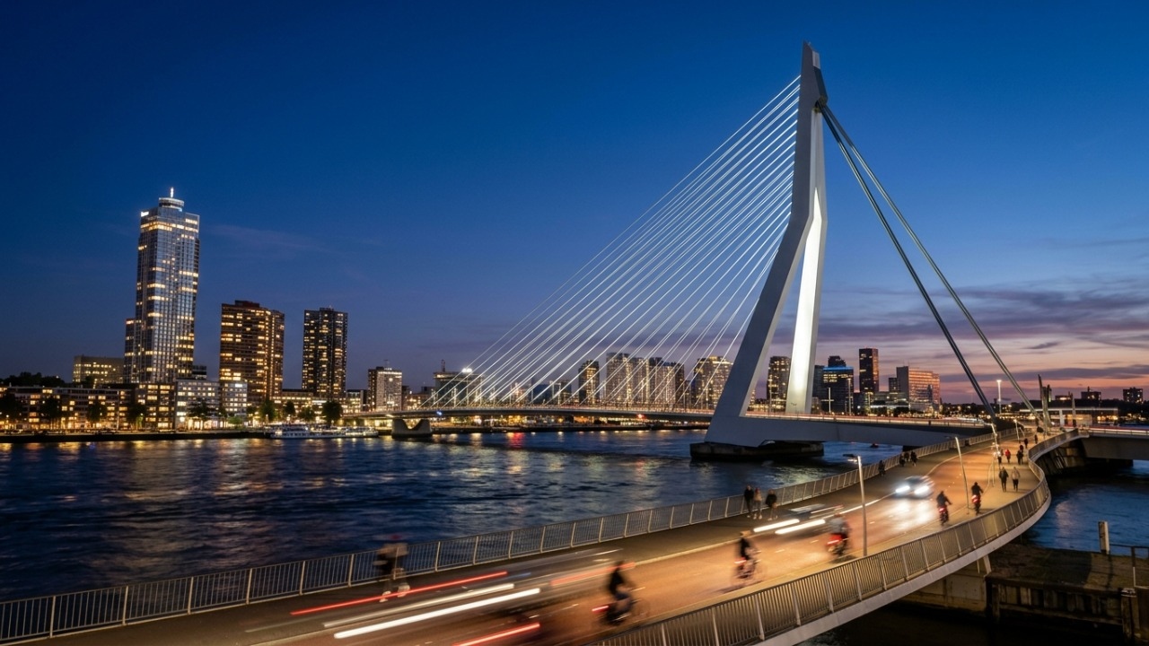 A elegante ponte estaiada de 802 metros de extensão com um mastro de 139 metros em forma de cisne que virou o maior símbolo de Roterdã