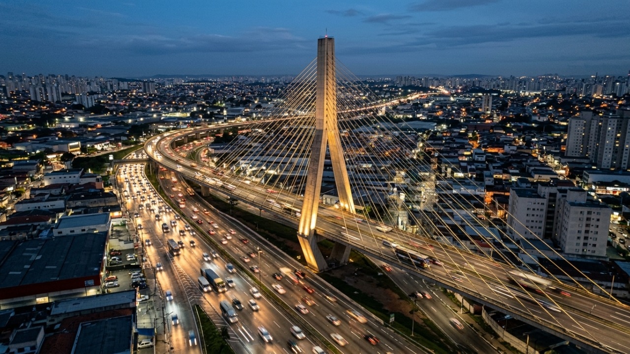 A imponente estrutura estaiada com mastro de 60 metros de altura que cruza a rodovia Presidente Dutra para organizar o fluxo de veículos