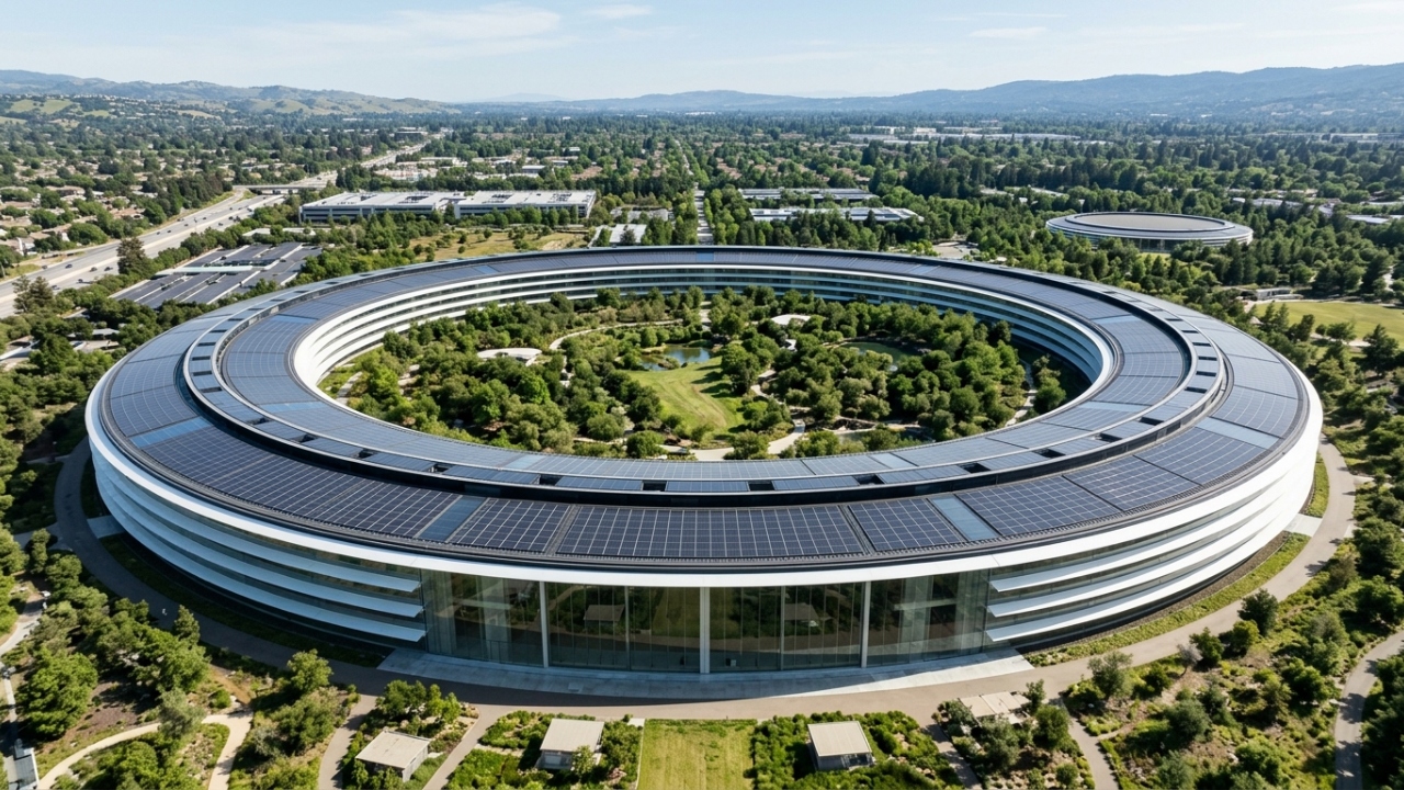 Com 260 mil m² e 1,6 km de circunferência, o Apple Park na Califórnia abriga o maior painel de vidro curvo do mundo em sua estrutura circular