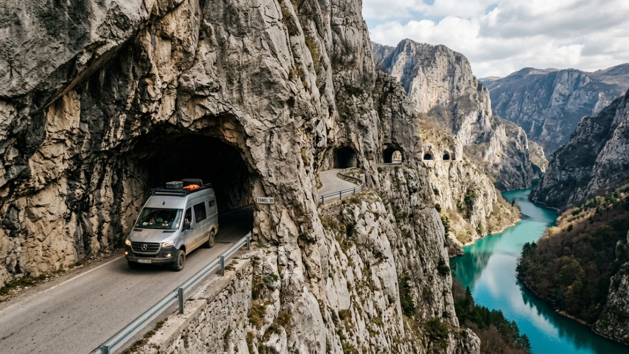 A estrada em Montenegro possui 56 túneis cavados na rocha, superando 1.200 metros de desnível em um trajeto impressionante