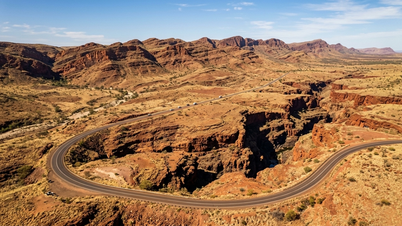 A Karijini Drive dá acesso ao coração de rocha vermelha da Austrália; cercada por abismos milenares, é o portal para os desfiladeiros mais raros do Outback