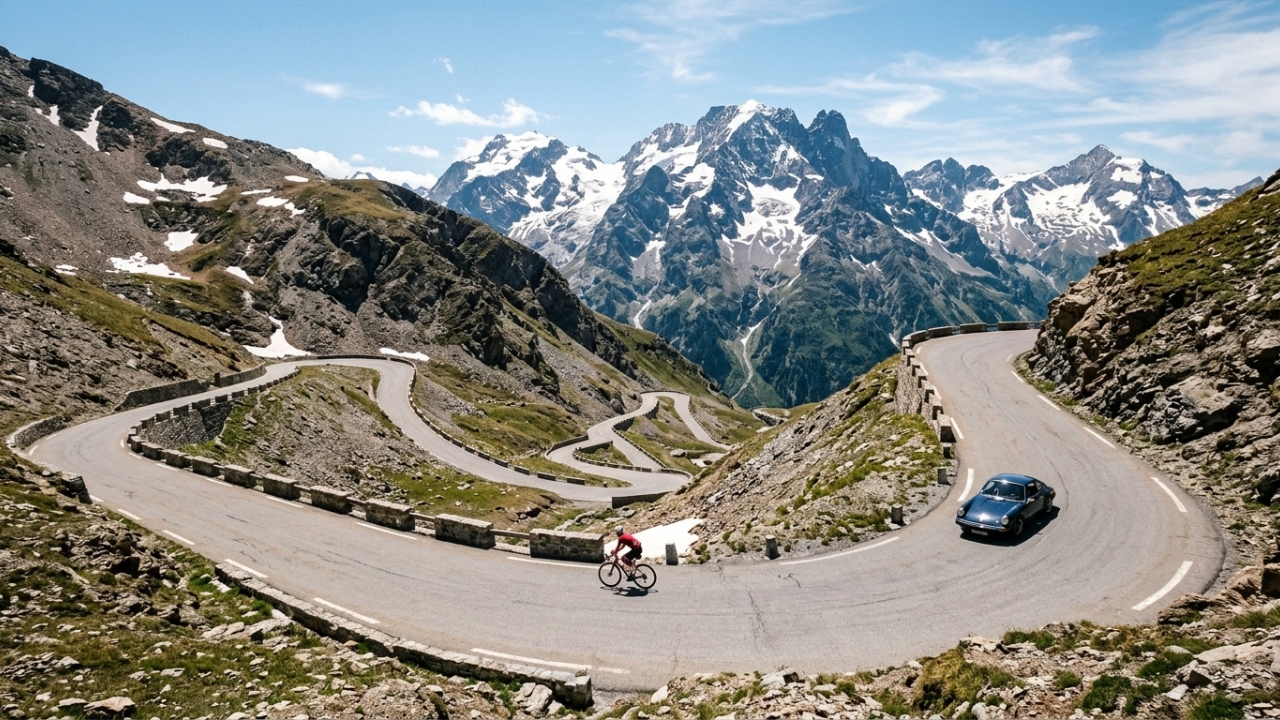 A rota francesa percorre 720 km pelos Alpes; atravessando 17 passos de montanha, a estrada atinge picos de mais de 2.800 metros de altitude