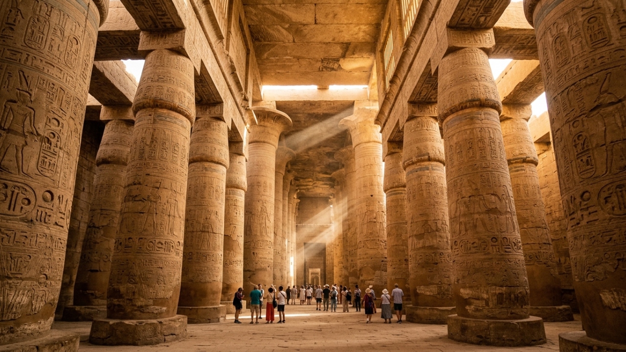Templo egípcio com 134 colunas gigantes e eixo solar calculado há mais de 3 mil anos revela como arquitetura e astronomia caminhavam juntas no Nilo