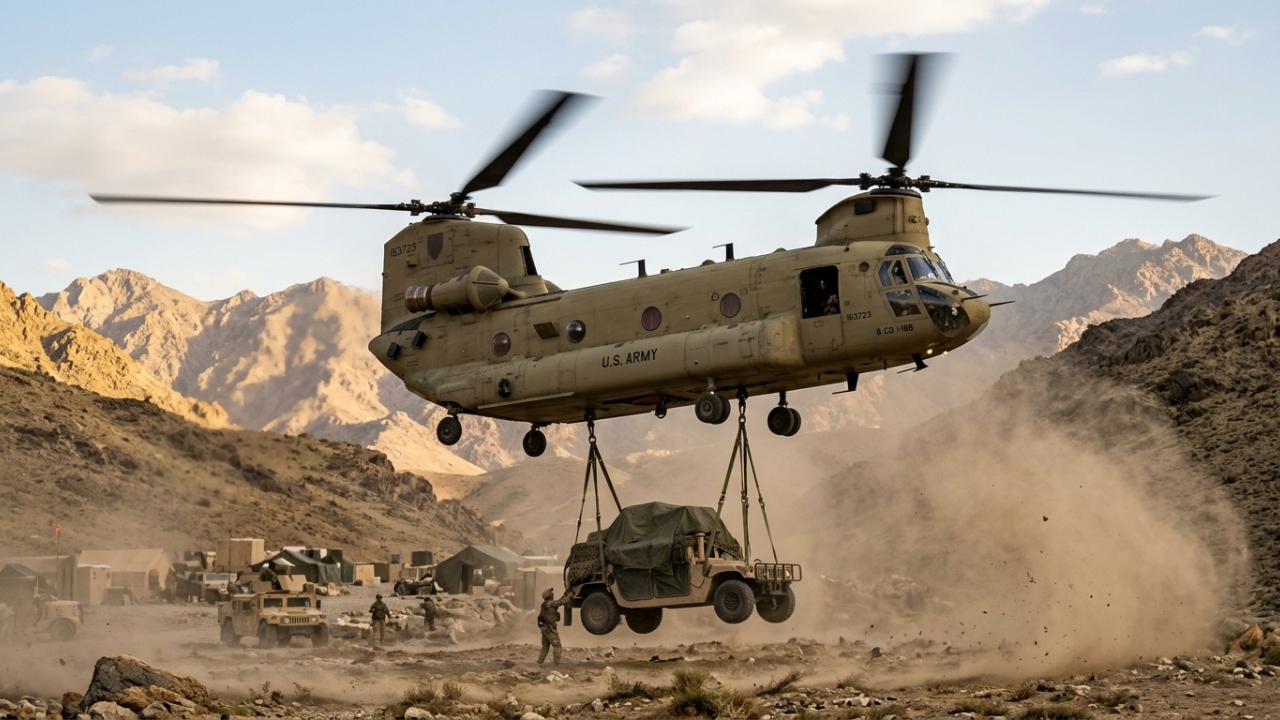Com 2 rotores e capacidade para 10 toneladas, o helicóptero Chinook surge como o pilar de transporte pesado da engenharia aérea ocidental