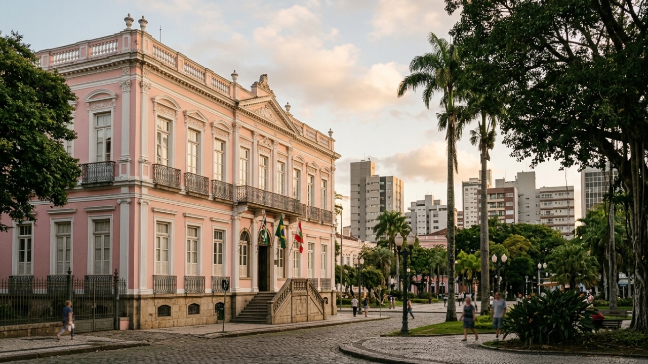 Com suas paredes pintadas de rosa e arquitetura do século 18, o palácio virou a residência oficial dos governadores e um marco histórico catarinense