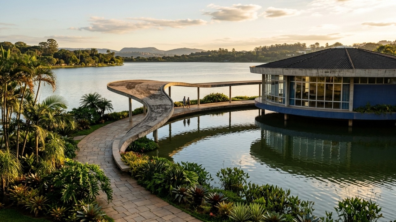 A charmosa joia moderna de 1943 projetada por Oscar Niemeyer que abraça a Lagoa da Pampulha com suas curvas e marquises sinuosas de concreto